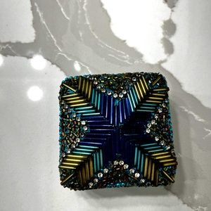 Small metal jewelry box, Handmade with crystals, Blue and gold